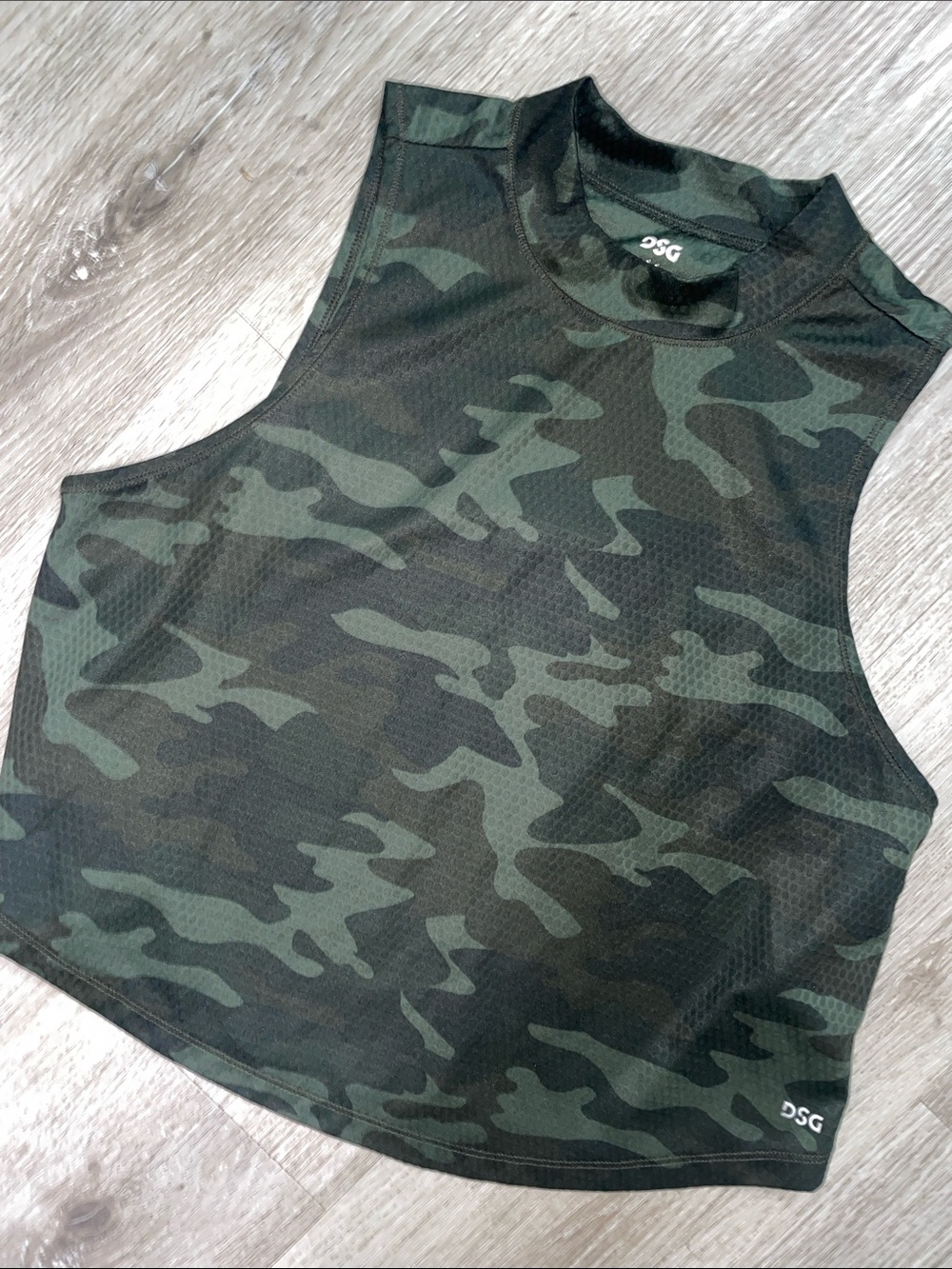 DSG Women’s Dark Green Camo Tank Top | Cropped and High Neck | Size Medium